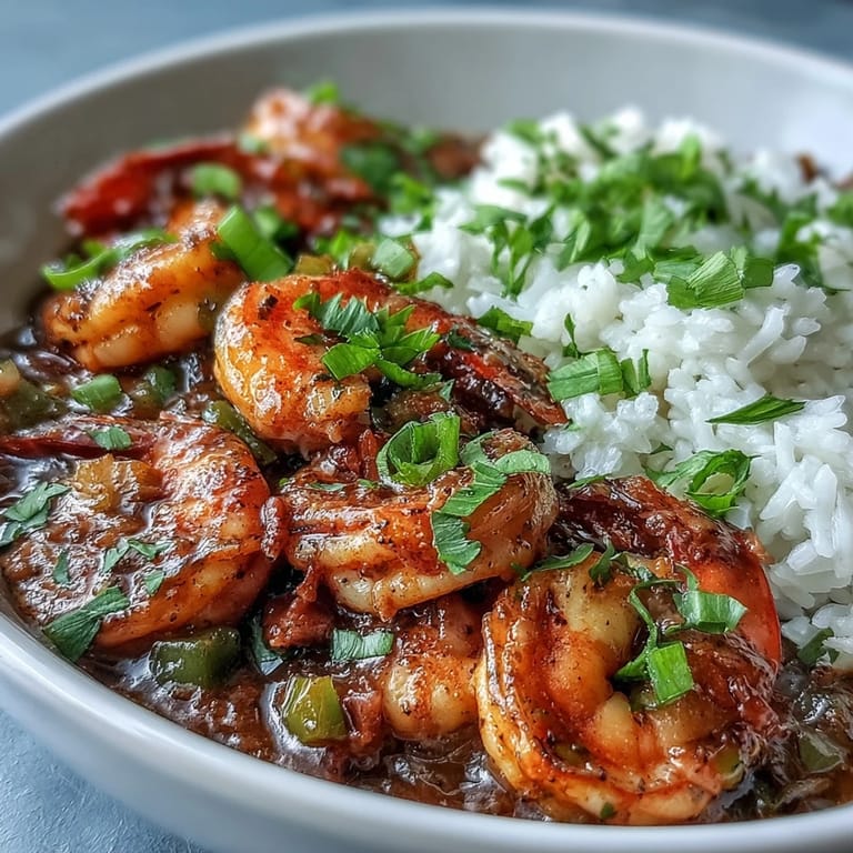 Steaming Classic New Orleans Étouffée with tender shrimp, served alongside fluffy rice for a hearty dinner.