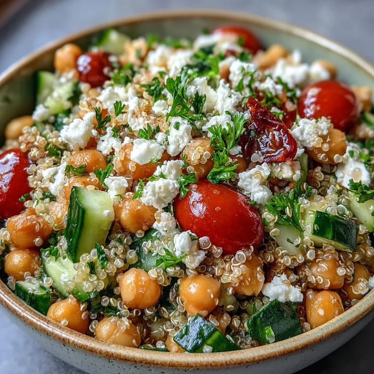 Close-up of High Protein Quinoa & Chickpea Salad featuring hearty chickpeas and a light lemon olive oil dressing.