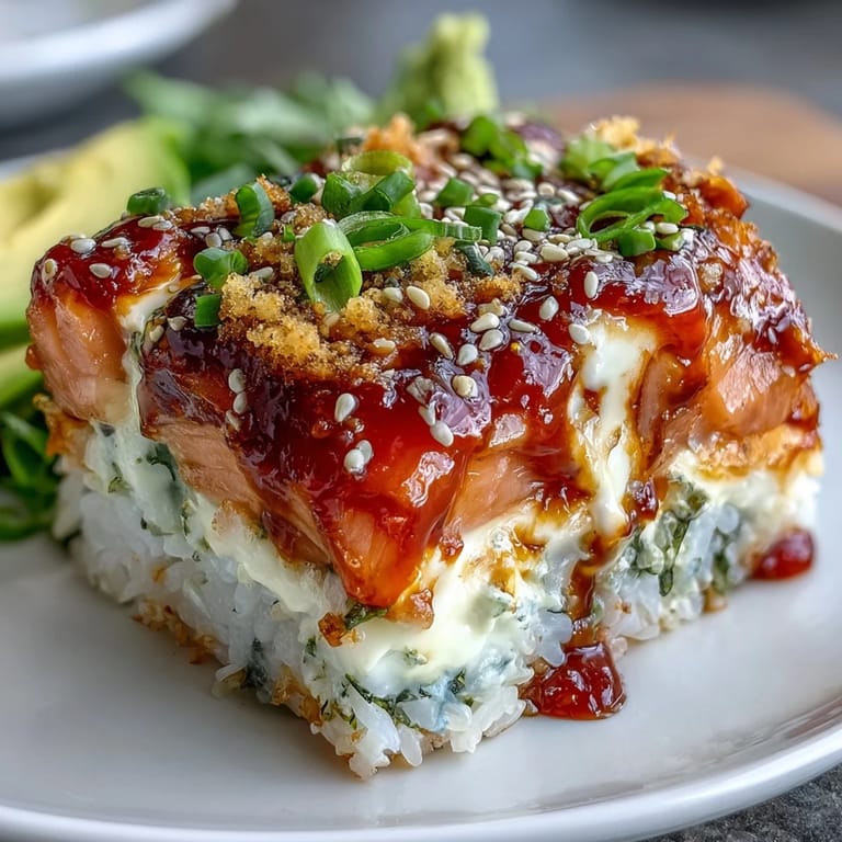 Ready to serve Spicy Salmon Sushi Bake on a plate, garnished with sesame seeds and paired with crispy seaweed snacks.