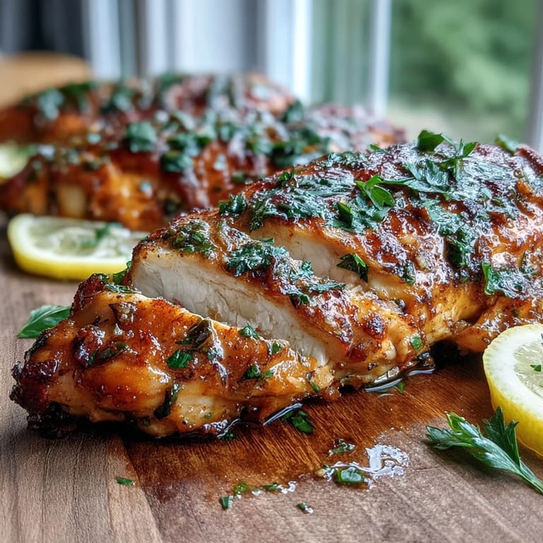 Sliced Oven Baked Chicken Breast, tender and flavorful, served on a plate with fresh lemon and parsley garnish.