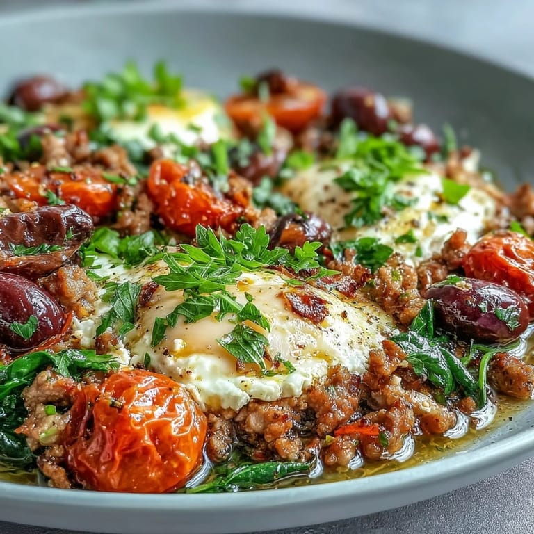 Vibrant Mediterranean Keto Ground Chicken Skillet topped with crumbled feta, fresh herbs, and a bright lemon garnish.