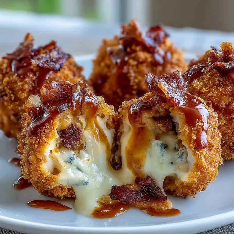 A close-up of Buffalo Chicken Bacon Mozzarella Bombs, revealing the tender chicken, melted mozzarella, and crispy bacon filling inside a panko crust.