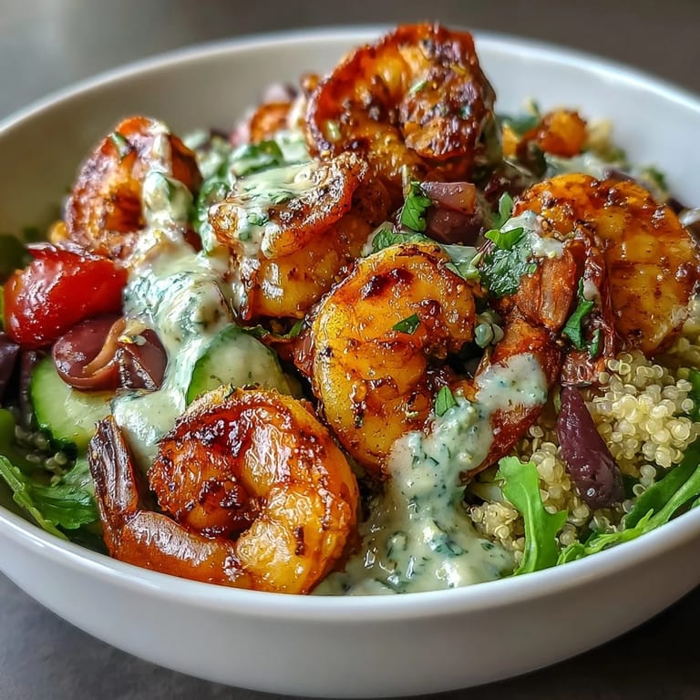 Savory Mediterranean Shrimp Bowl served with lemon wedges and parsley garnish, ready to enjoy with a drizzle of tahini dressing.