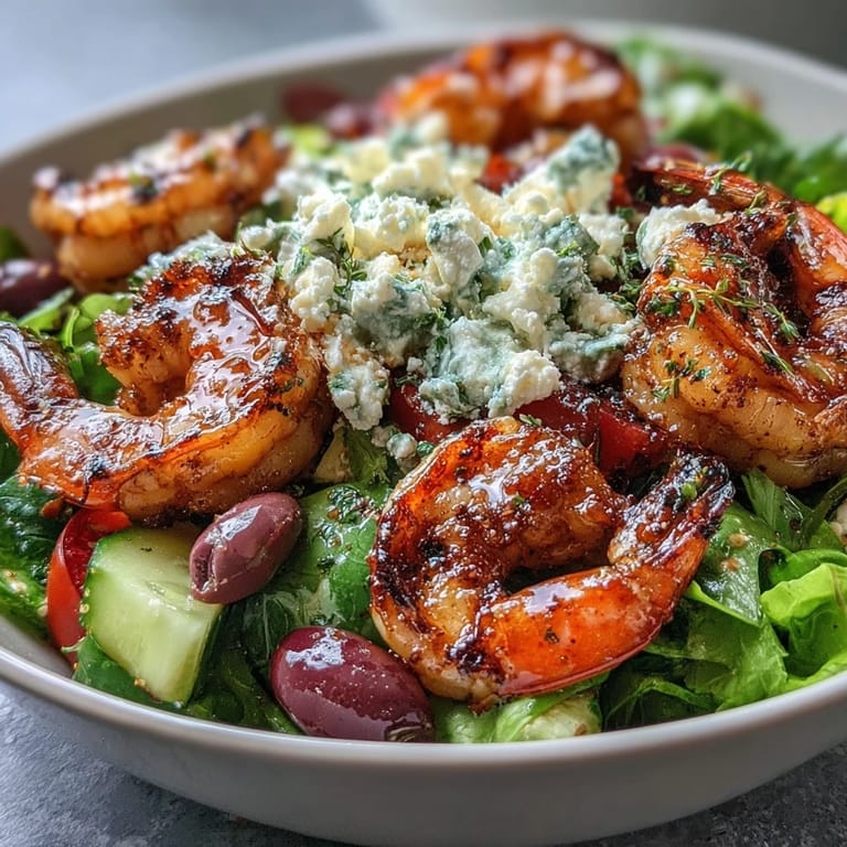 Freshly prepared Greek Shrimp Bowl featuring juicy grilled shrimp, creamy feta cheese, crisp veggies, and vibrant Mediterranean flavors ready to serve.