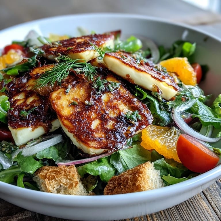 Colorful Halloumi Blood Orange Fattoush salad with sourdough croutons and a drizzle of zesty sumac dressing.