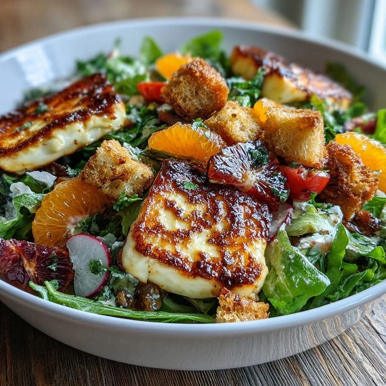 Serving suggestion for Halloumi Blood Orange Fattoush, featuring juicy blood orange slices and warm golden halloumi.