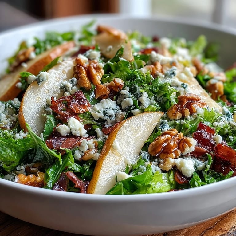A fresh serving of Frisée Pear Blue Cheese Bowl, mixing crisp frisée greens, ripe sliced pears, and creamy crumbled cheese.