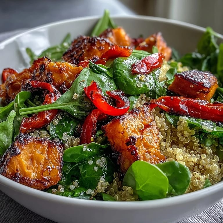 Healthy vegetarian Warm Salad Bowl with roasted sweet potato and red bell pepper, ready for lunch.