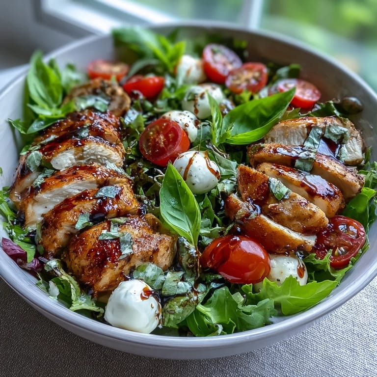 A close-up of Caprese Chicken Bowl showing juicy grilled chicken topped with melted mozzarella and basil.