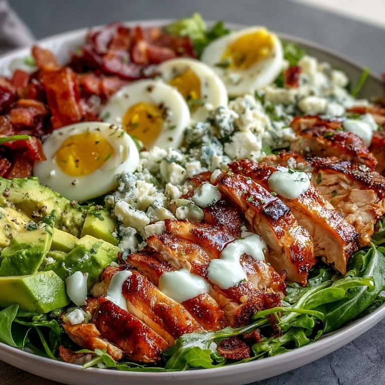 Colorful Cobb Salad Bowl topped with tangy blue cheese, hard-boiled eggs, and juicy tomatoes, drizzled with ranch.