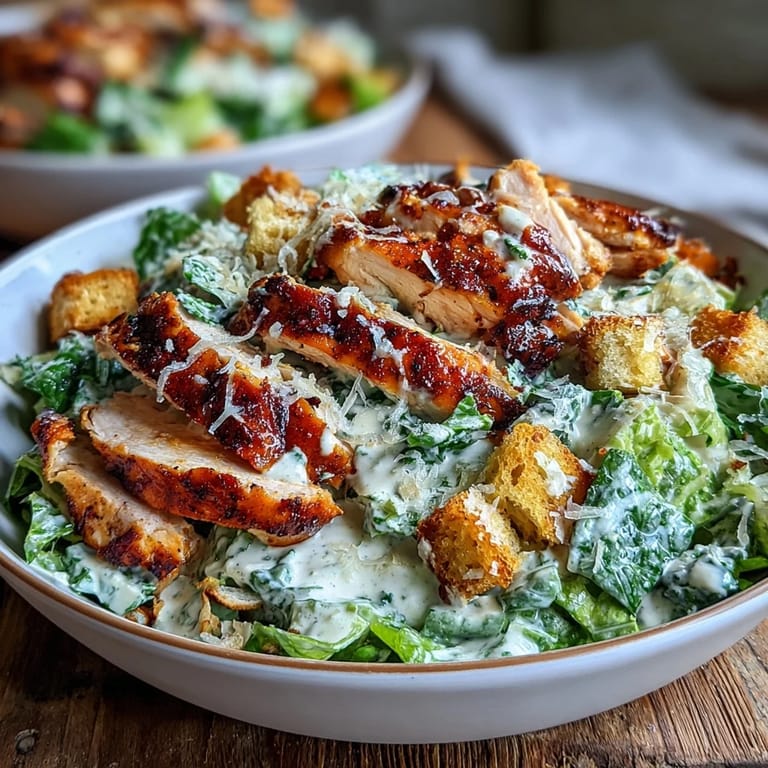 Caesar Chicken Bowl topped with crunchy croutons, grated parmesan, and a drizzle of creamy Caesar dressing.