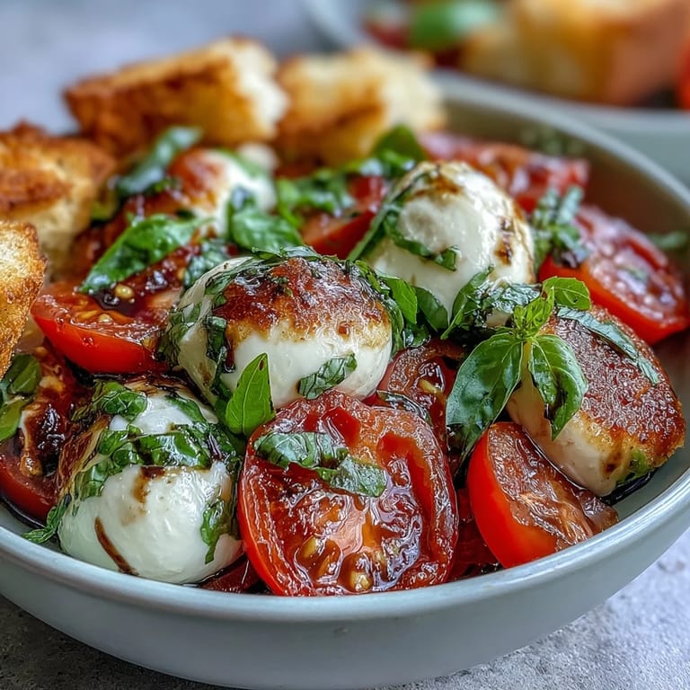 Plated Caprese Salad Bowl with rustic bread pieces, fresh basil leaves, and a drizzle of olive oil.