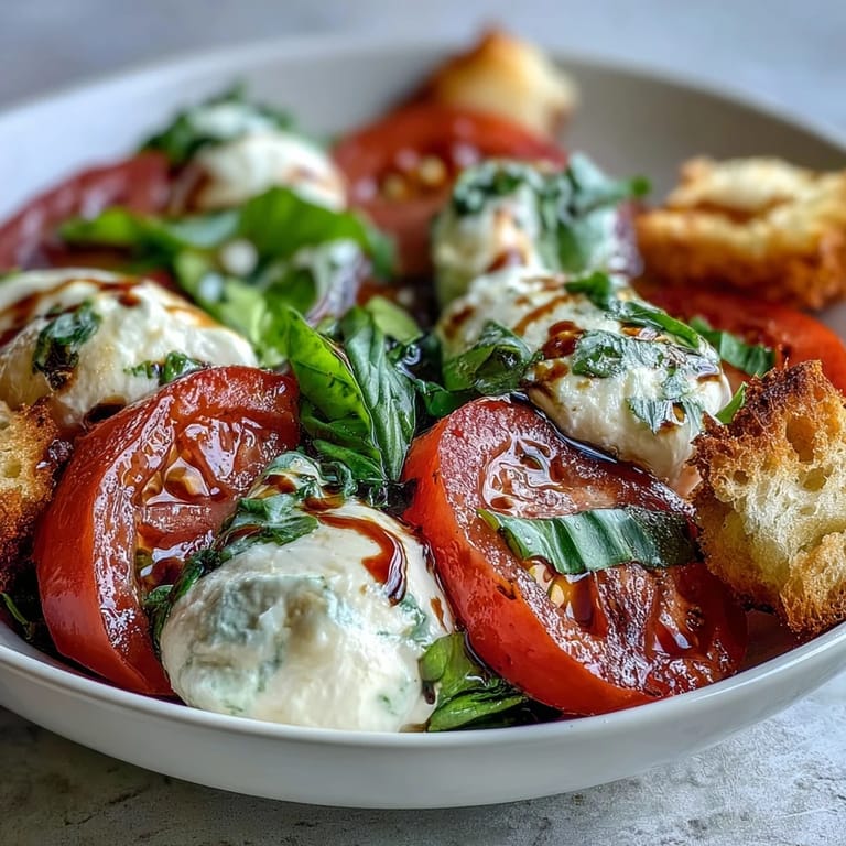 A close-up view of a Caprese Salad Bowl with balsamic drizzle, mozzarella balls, and heirloom tomatoes.