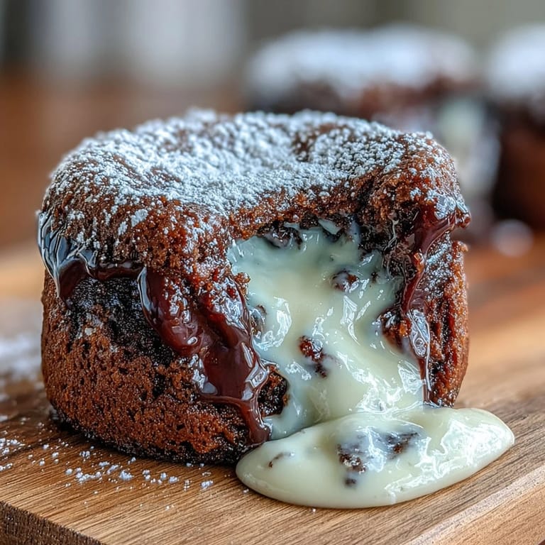 Decadent Hojicha White Chocolate Lava Cakes resting on a white plate, garnished with delicate powdered sugar.