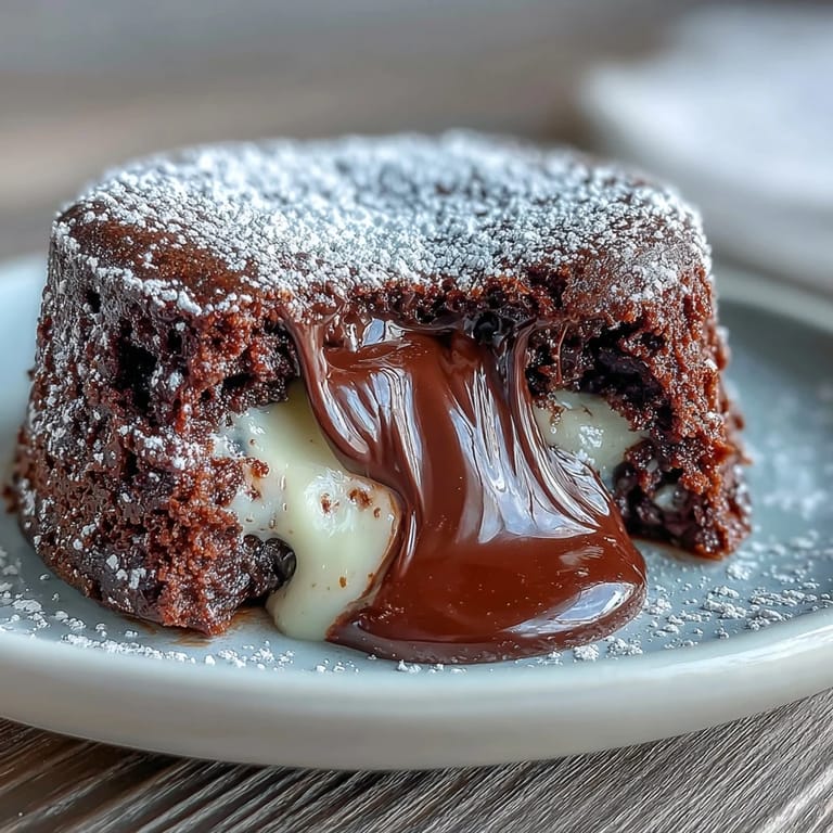Warm Hojicha Lava Cake in a ramekin with a spoon, showing the earthy matcha-colored molten center flowing out onto the ceramic plate.