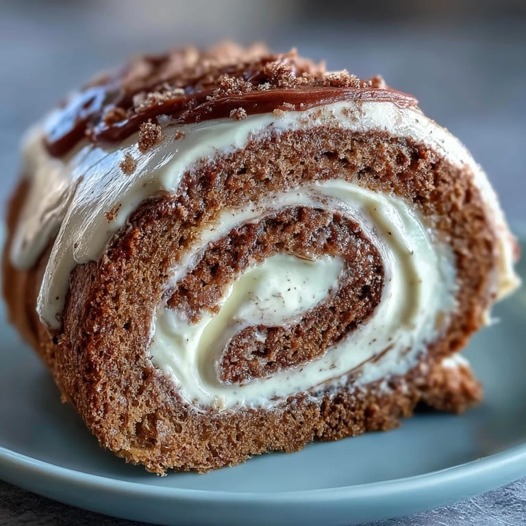 A slice of Hojicha Roll Cake reveals creamy roasted tea filling and fresh mango ribbons.
