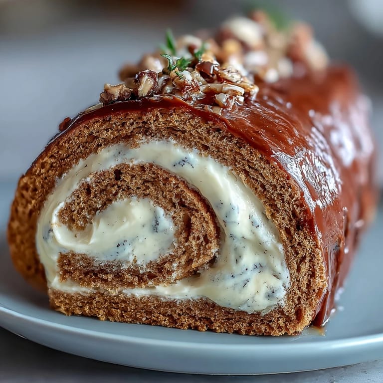 A close-up of Hojicha Roll Cake highlights the soft sponge and fragrant roasted tea cream.