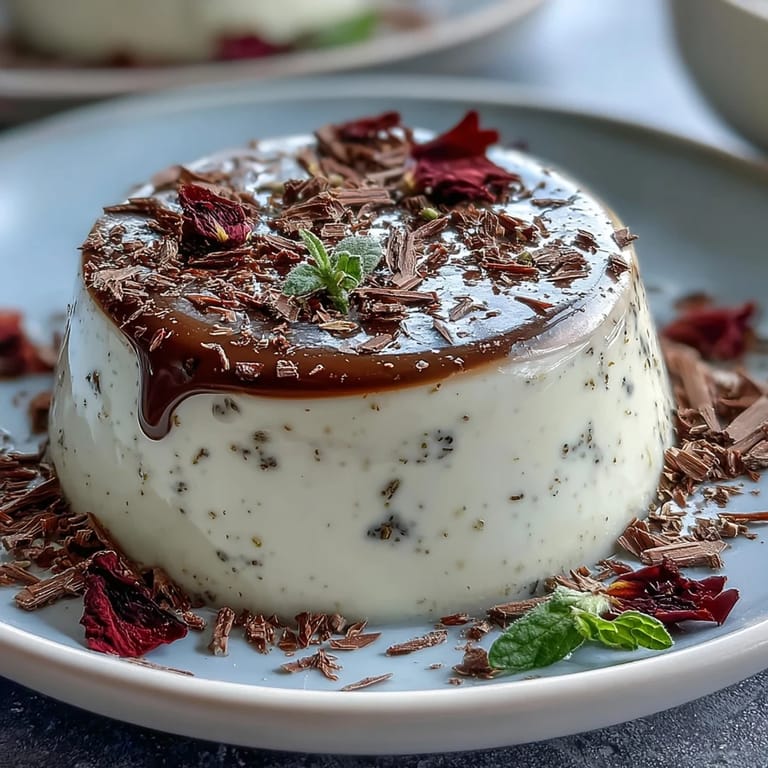 Four glasses of Hojicha Panna Cotta topped with edible flowers and whipped cream, ready to serve.
