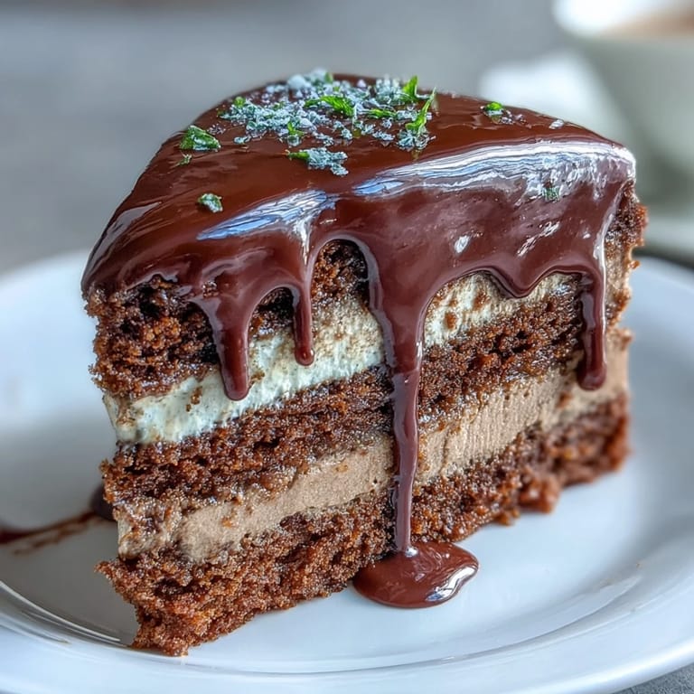 Luscious slice of Hojicha Butter Cream Cake reveals airy sponge cake and dark chocolate ganache dripping down the sides.