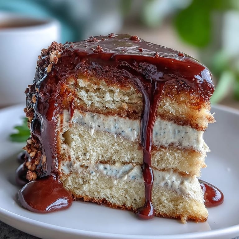 Rich Hojicha Butter Cream Cake coated in smooth ganache sits beside a steaming cup of Japanese green tea.