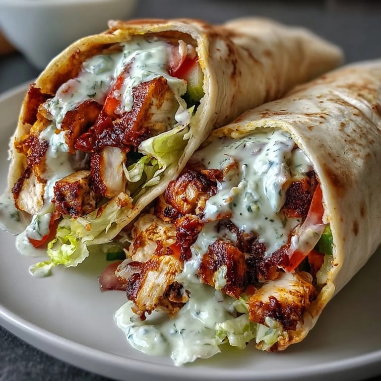 Freshly assembled Savor the Flavor: Irresistible Chicken Shawarma with Creamy Garlic Sauce, topped with tangy pickles and a generous creamy sauce.