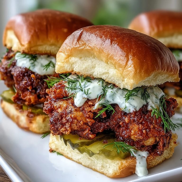 Crispy fried chicken thighs dripping with spicy glaze on toasted slider buns.