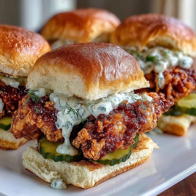 Freshly assembled Nashville Hot Chicken Sliders with pickles and creamy aioli topping.