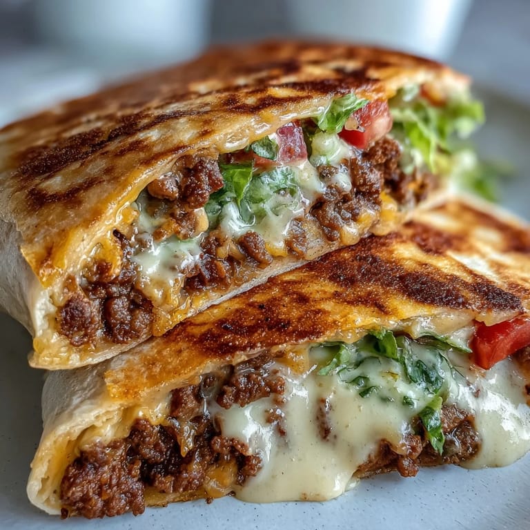 Two Keto Crunchwraps sliced in half to show the savory beef, melted cheddar, and crisp fresh toppings inside.