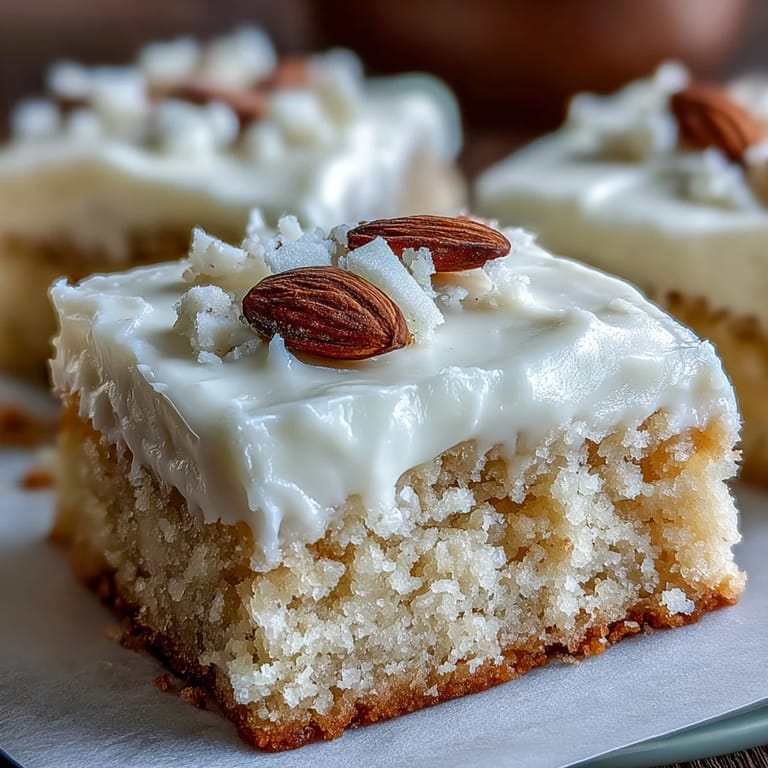 Golden-baked Almond Flour Sugar Cookie Bars cut into squares, showcasing soft, chewy texture topped with velvety frosting.