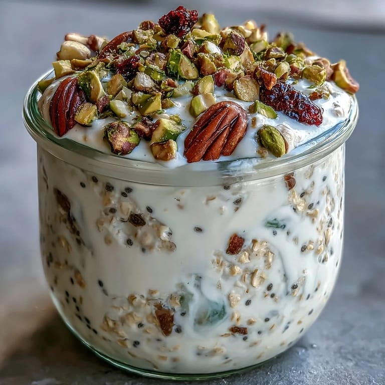 Pistachio Overnight Oats served in a clear jar with a spoon, ready for a quick breakfast.