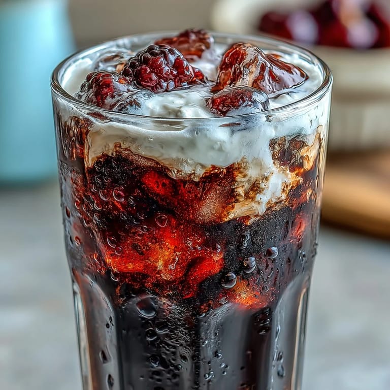 Creamy Midnight Malibu Dirty Soda served over ice with fresh blackberries and a striped straw.