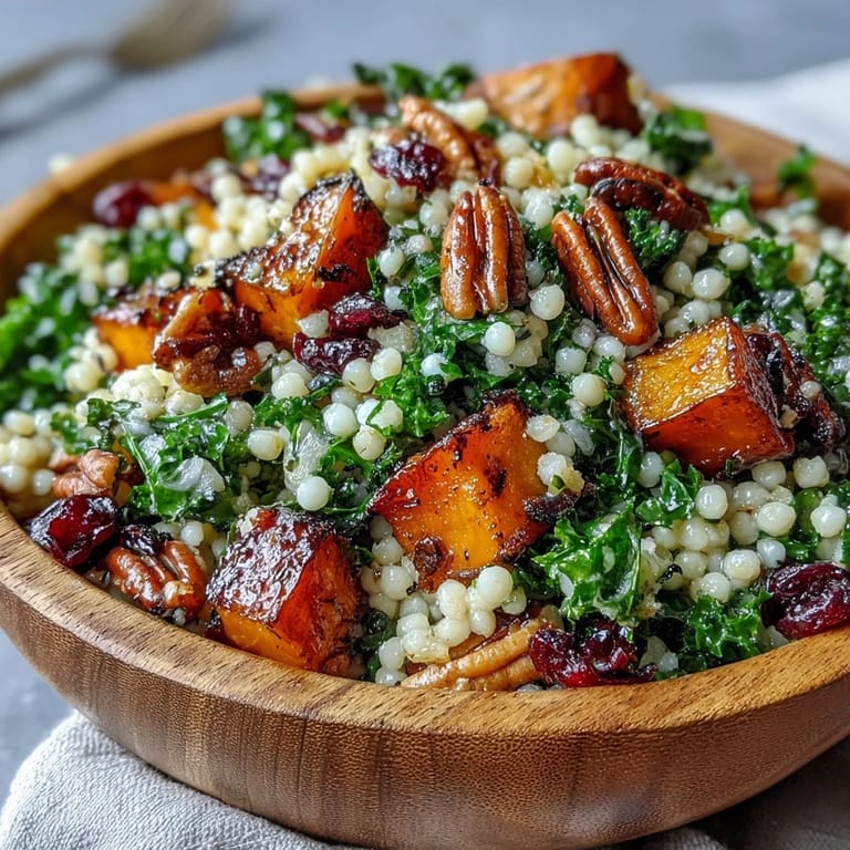 A close-up of Honey Autumn Pearl Couscous Salad showing glazed squash, ruby cranberries, and olive-oil dressed kale, ready to serve at a fall gathering.