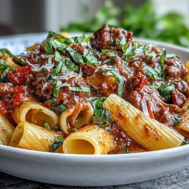 Rich One-Pot Creamy Red Wine Sausage Pasta topped with Parmesan, paired with crusty bread.