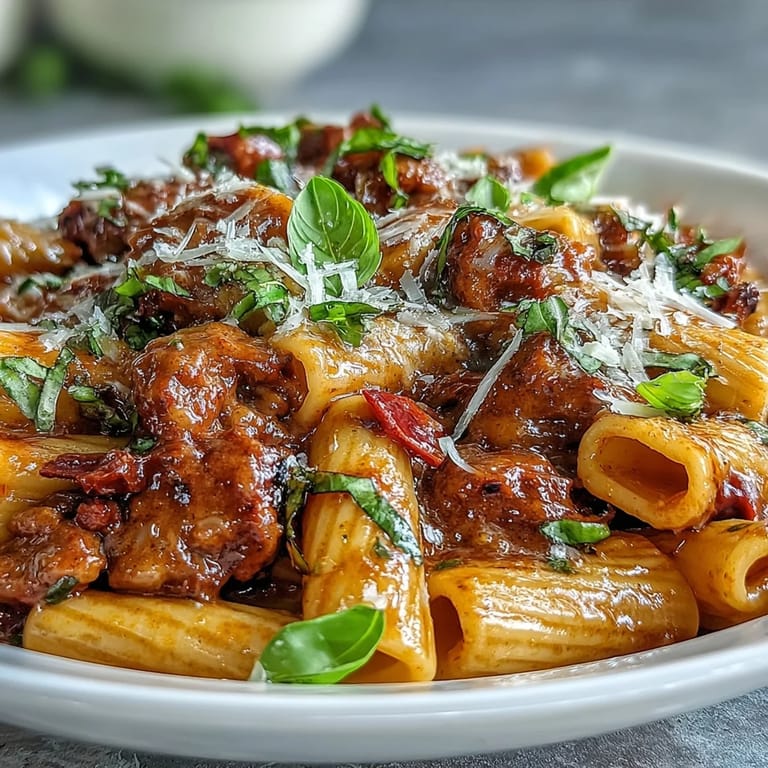 Steamy One-Pot Creamy Red Wine Sausage Pasta served in a bowl with red wine nearby.