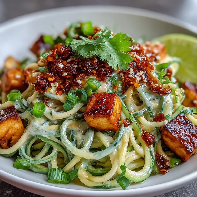 Spicy, creamy TikTok-Style Chili Crisp Cucumber Noodle Bowls garnished with lime wedges and extra chili crisp.