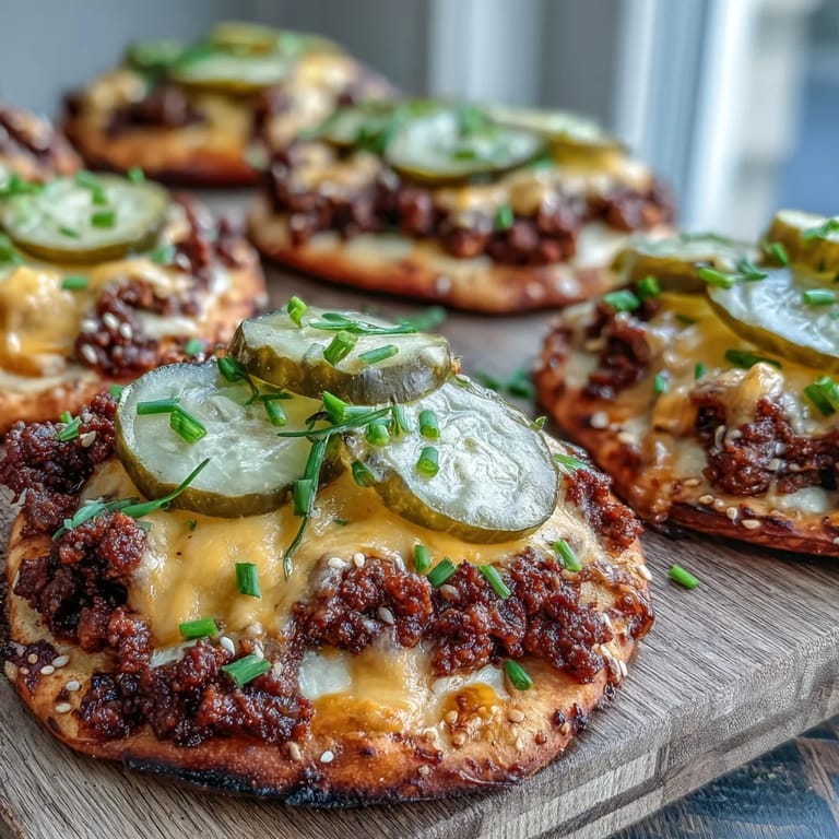 Golden, crispy-edged mini naan pizzas are loaded with savory ground beef, tangy pickles, and a rich cheddar sauce.