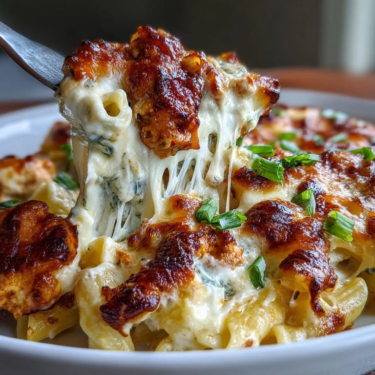 Steaming Creamy Buffalo Ranch Chicken Pasta Bake served on a rustic plate, garnished with fresh green onions and a side salad.