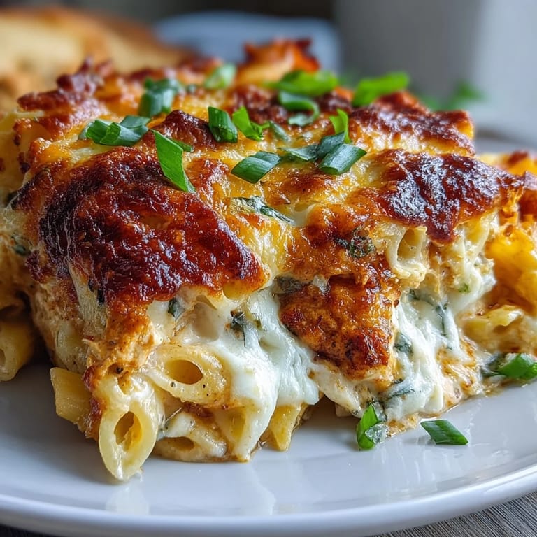 Forkful of Creamy Buffalo Ranch Chicken Pasta Bake lifted from the dish, showing tender chicken, spicy buffalo sauce, and creamy ranch.