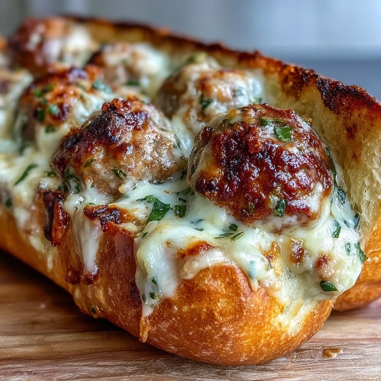 Melted mozzarella tops the Garlic Parmesan Turkey Meatball Subs, garnished with fresh parsley on a plate.