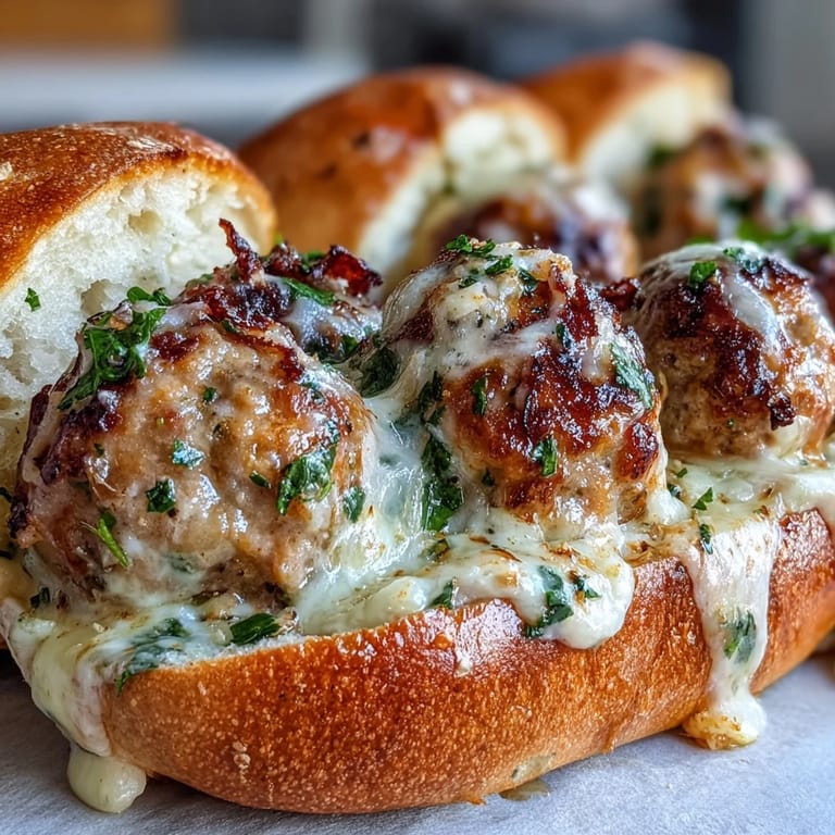 Juicy turkey meatballs simmer in a creamy garlic sauce, served hot inside a toasted sub roll.