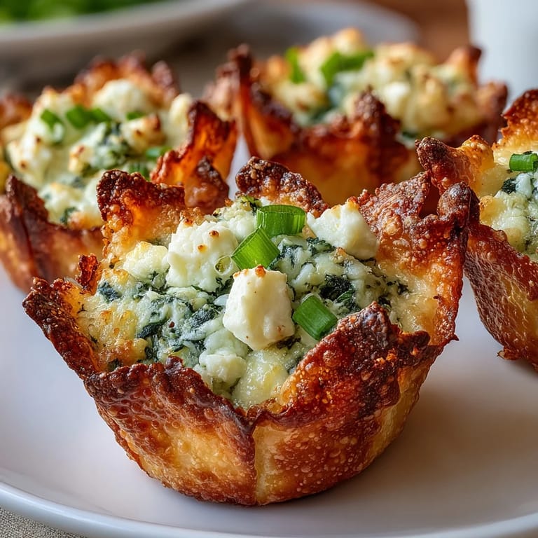Golden Crispy Spinach Feta Wonton Cups with spinach and feta filling, stacked on a cooling rack in a home kitchen.