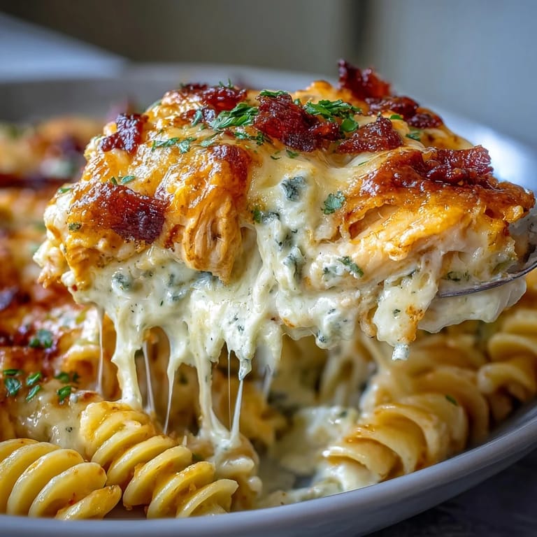 Freshly baked Creamy Buffalo Ranch Chicken Pasta Bake with melted cheddar and mozzarella, ready to serve for dinner.