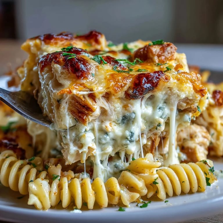 Steaming casserole dish of Creamy Buffalo Ranch Chicken Pasta Bake topped with green onions and crumbled blue cheese. 
