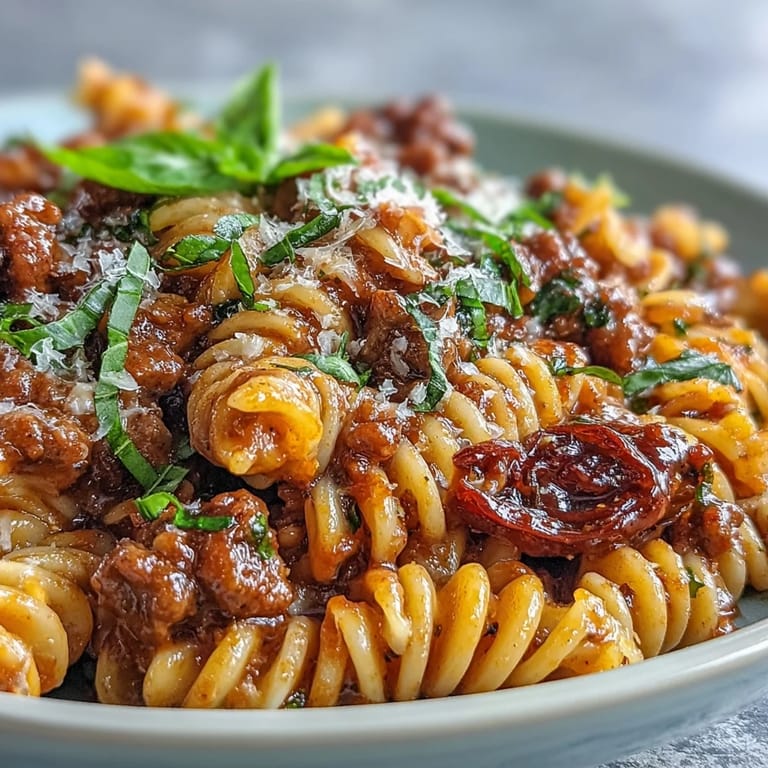 Vibrant One-Pot Red Wine Sausage Pasta in a skillet, featuring red bell pepper and al dente pasta.