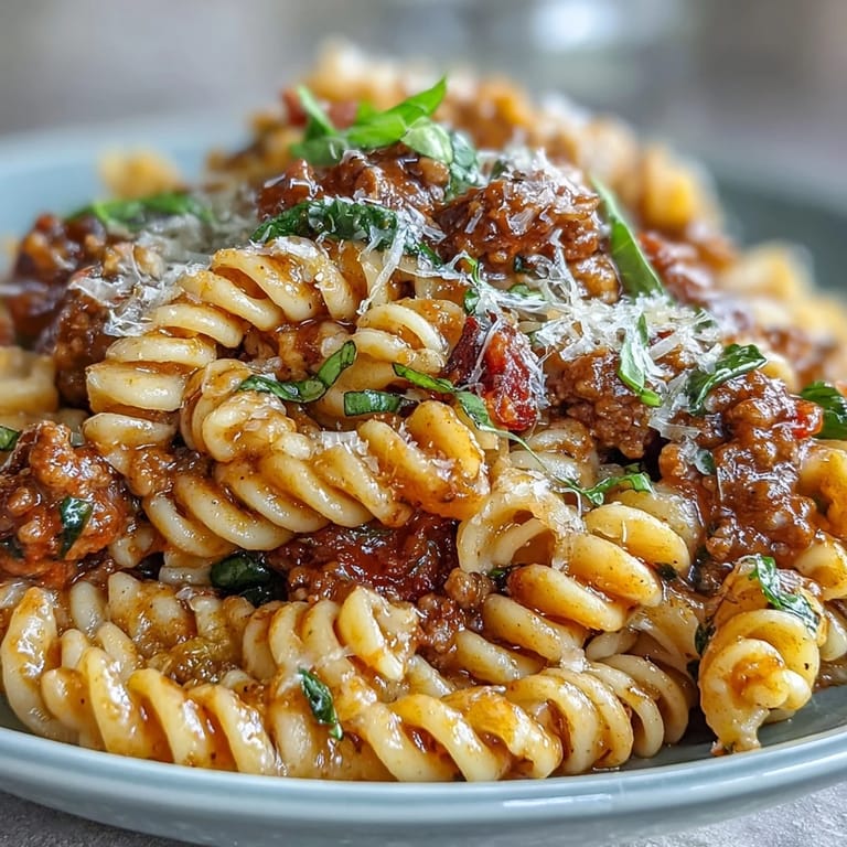 Hearty One-Pot Red Wine Sausage Pasta served steaming hot, paired with grated Parmesan cheese.