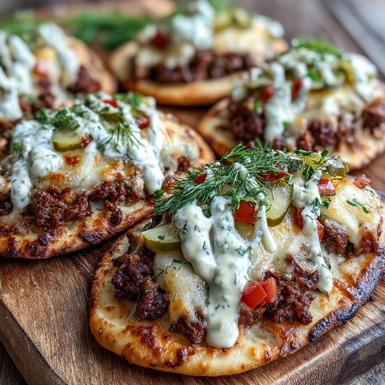 Four bubbly Cheeseburger Garlic Naan Pizzas fresh from the oven served on a wooden board with fresh chives.