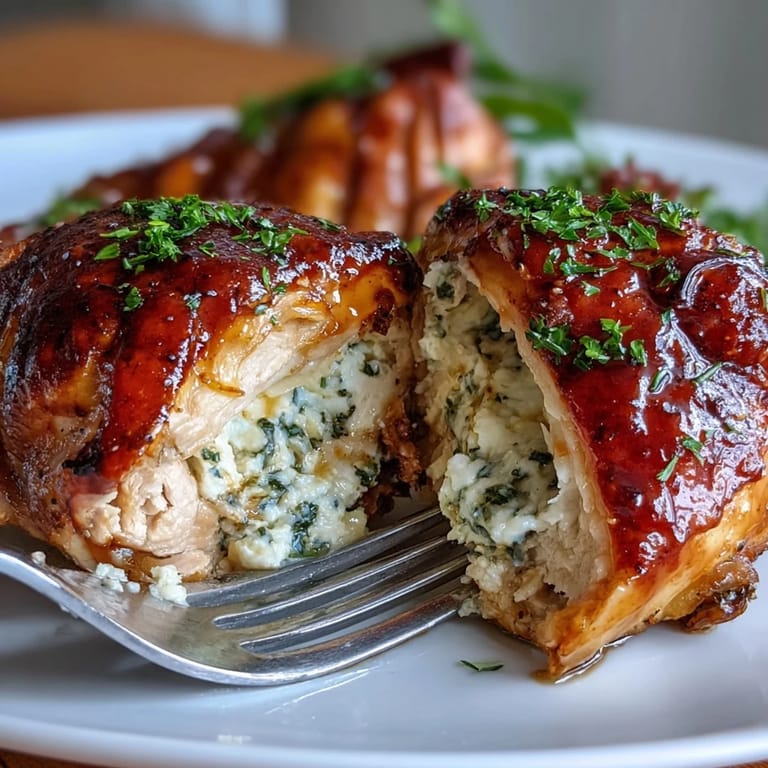 Sliced Hot Honey Ricotta Stuffed Chicken revealing creamy ricotta and herbs with a drizzle of spicy glaze.