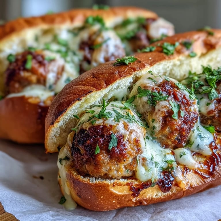 Toasted sub rolls stuffed with savory turkey meatballs, smothered in a creamy garlic-Parmesan sauce, ready to serve.