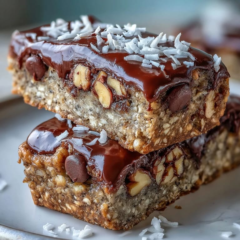 Freshly baked Chunky Monkey Protein Baked Oat Bars with banana chunks and chocolate drizzle on a rustic kitchen counter.