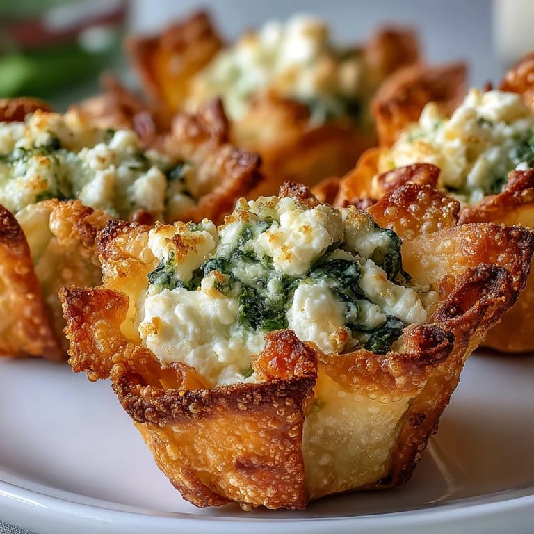 Golden baked wonton cups with spinach and feta filling, arranged neatly on a white ceramic serving platter.